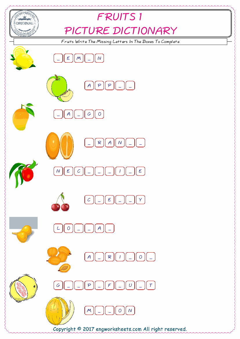  Type in the blank and learn the missing letters in the Fruits words given for kids English worksheet. 